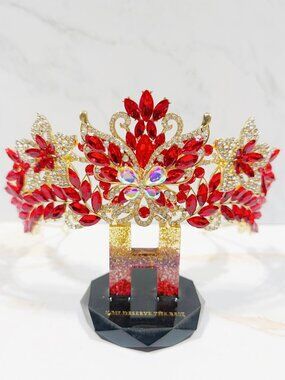 Red Crystal Butterfly Tiara Crown Gold Tone Pageant Prom Wedding Headpiece